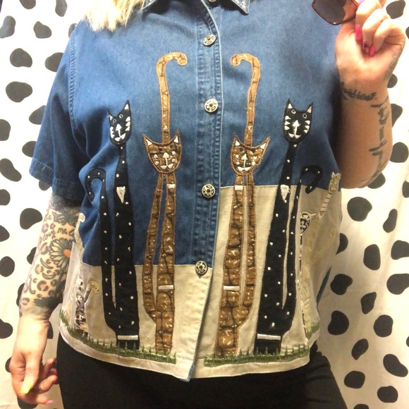 Cat Trio embroidered Denim Blouse - Picture 2 of 5